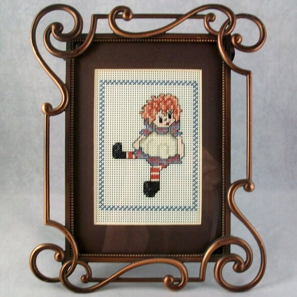 Cross Stitch Raggedy Ann Doll Antiqued Copper Openwork Scroll Metal Frame 7" x 9 - Picture 1 of 5